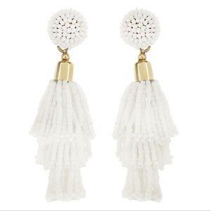 NWT- Panacea White Beaded Tassel Earrings 3" Long White Iridescent Glass